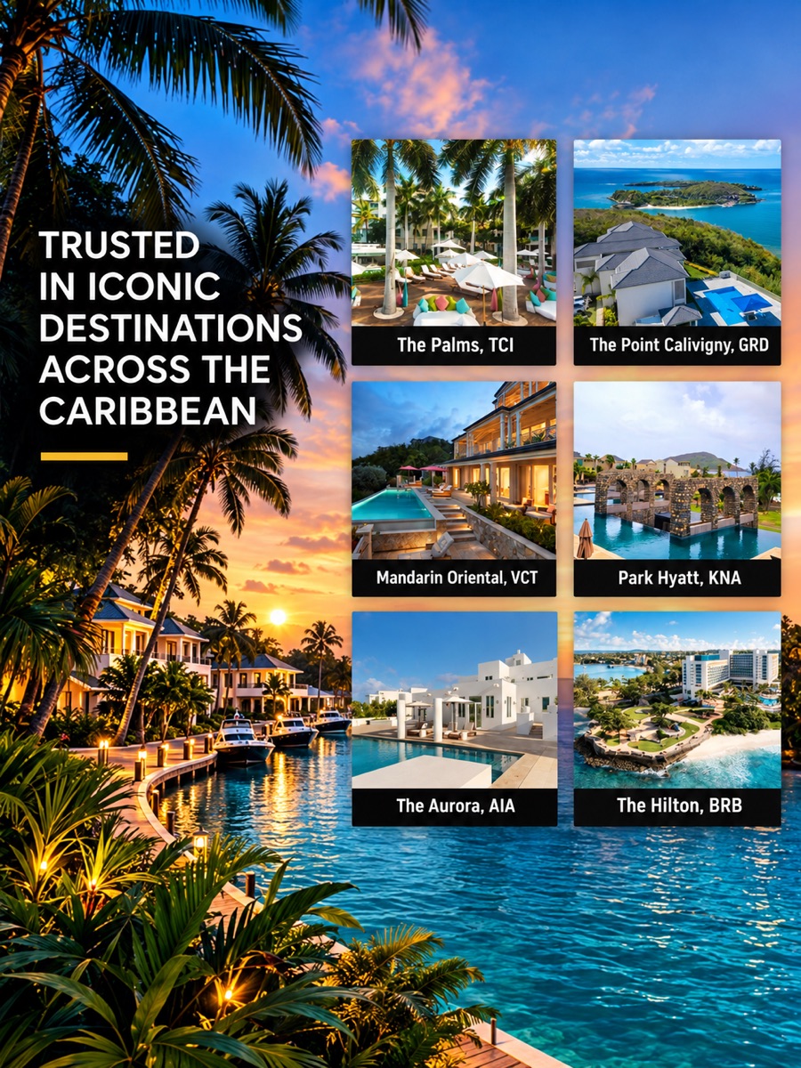 Panel banner: Trusted in iconic destinations across the Caribbean, listing The Palms, Mandarin Oriental, Park Hyatt and The Hilton