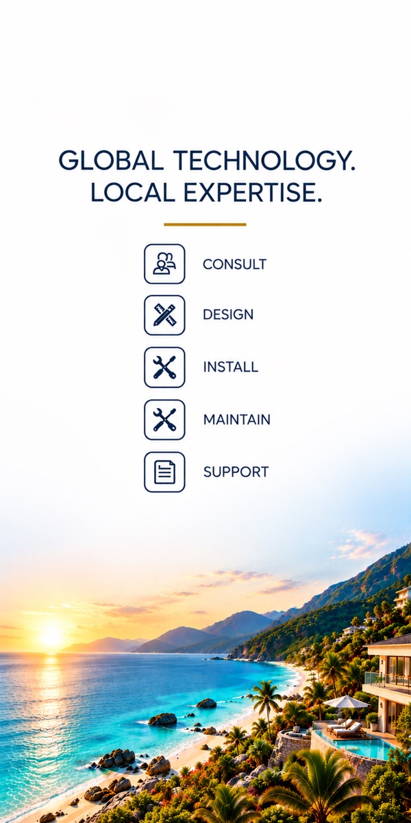 Panel banner: Global technology, local expertise. Consult, design, install, maintain, support