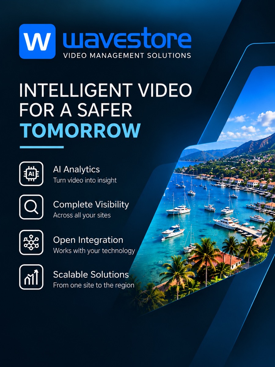 Panel banner: Wavestore intelligent video for a safer tomorrow, with AI analytics and open integration