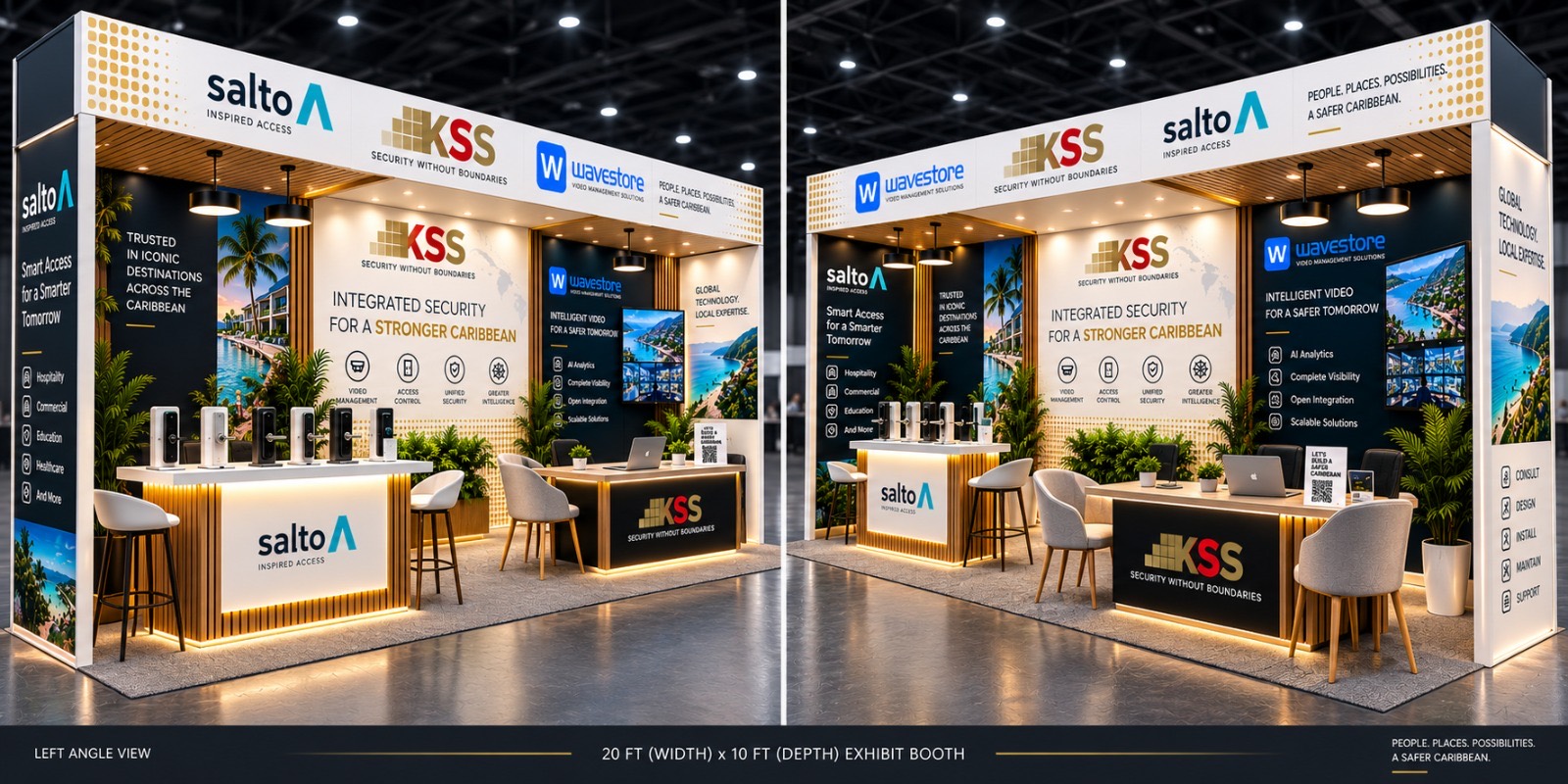 Angled view of the KSS booth showing the SALTO wall, product displays and lounge seating