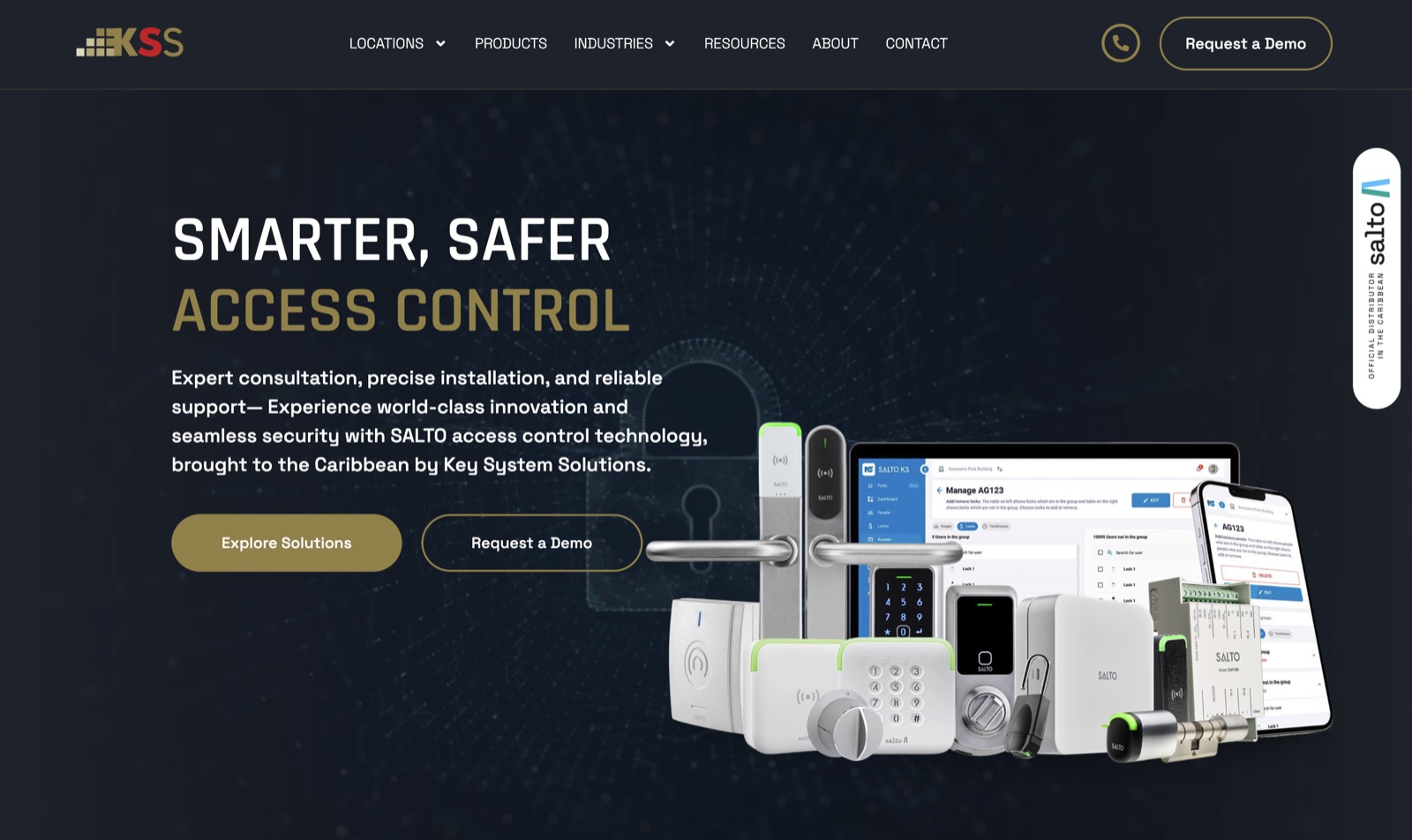 The keysystemsolutions.com homepage: “Smarter, safer access control” over SALTO hardware, with Explore Solutions and Request a Demo buttons